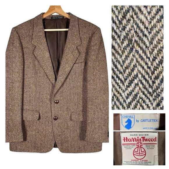 Harris Tweed Cheval Castletex Sport Coat 39S Brown Herringbone Slim Fit 2 Button